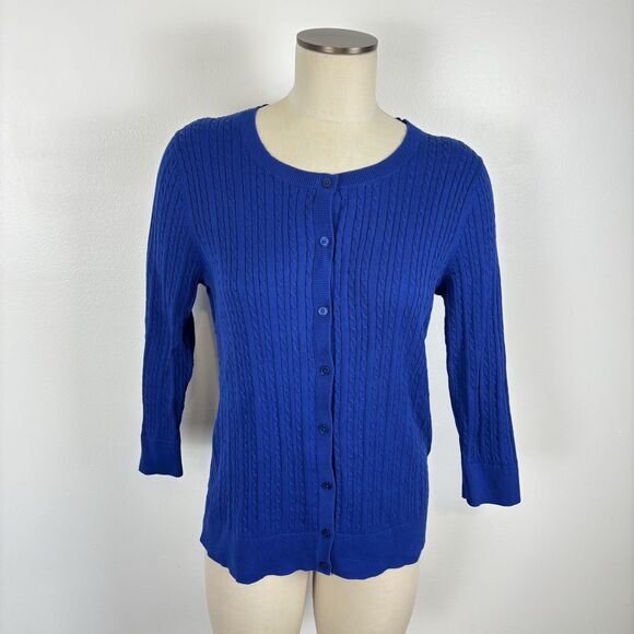 Talbots Cableknit Cardigan Sweater Womens Large Royal Blue 3/4 Sleeve Preppy - Picture 1 of 6